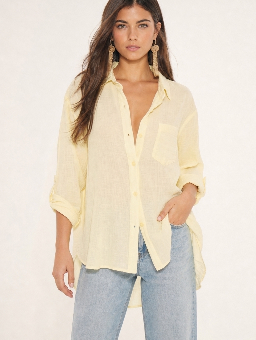 Sam & Lavi Sheer Pale Yellow Button Down Blouse NWT Oversized Boho Top. Size L